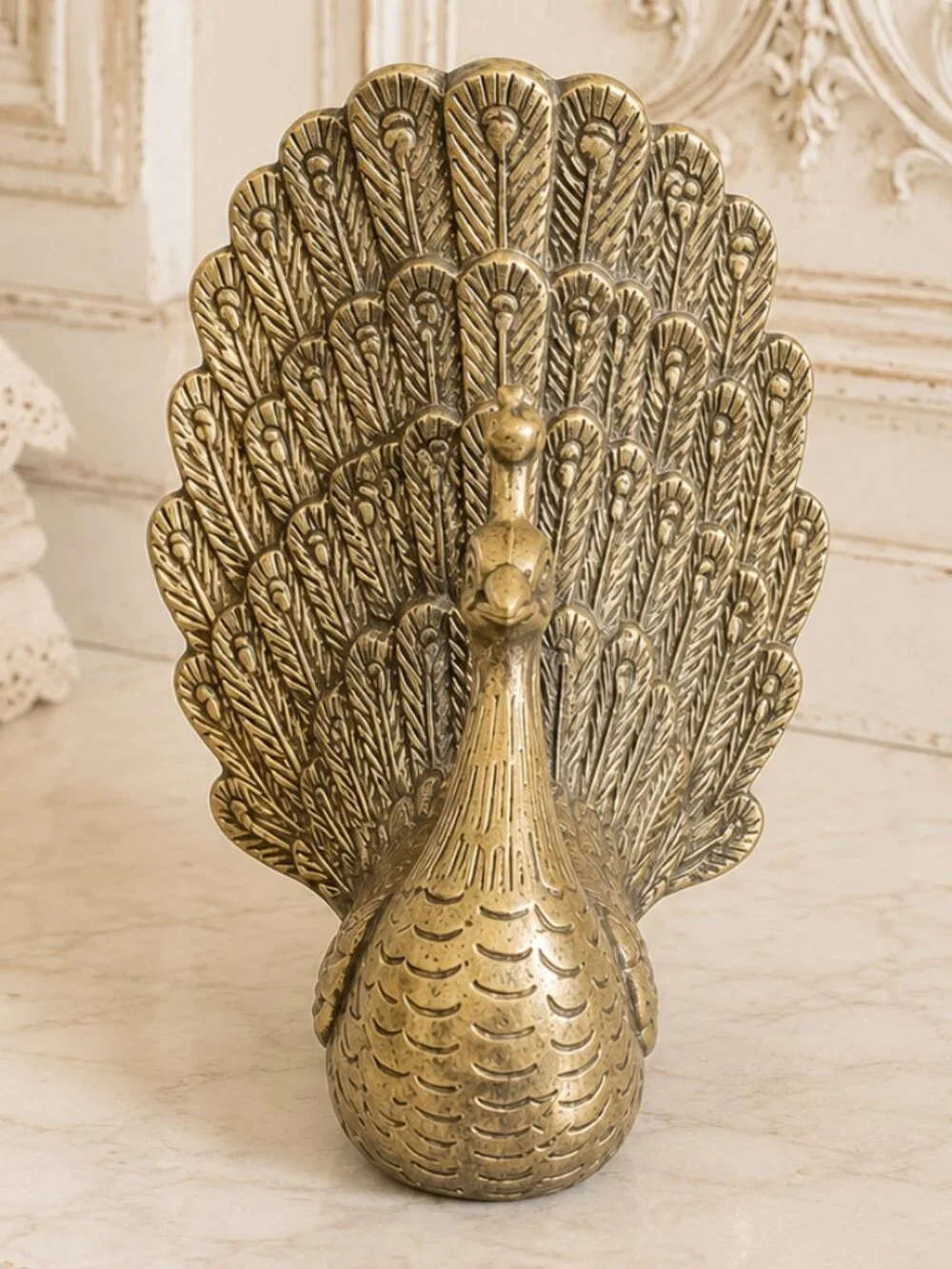 Vintage Brass Finish Peacock Figurine With an Ornate, Spread-Feather Tail Design